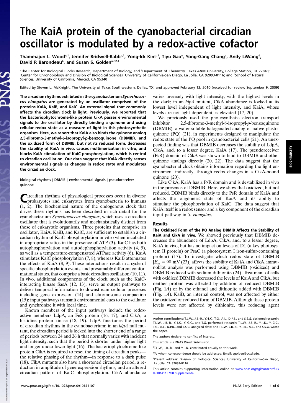 The Kaia Protein of the Cyanobacterial Circadian Oscillator Is Modulated by a Redox-Active Cofactor