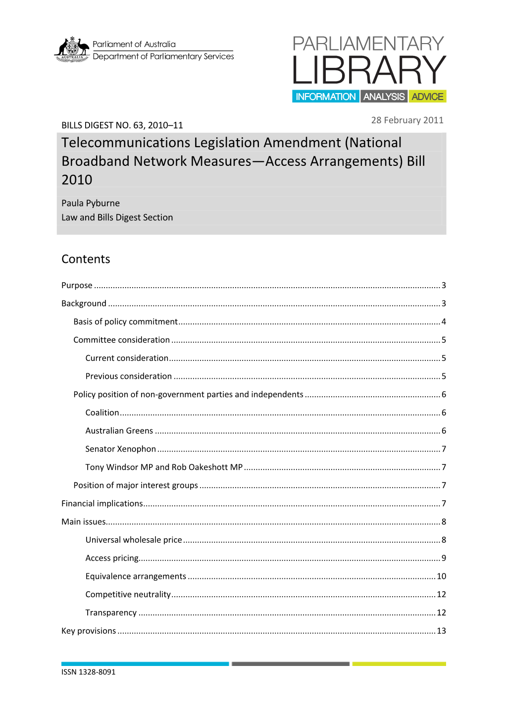 Telecommunications Legislation Amendment (National Broadband Network Measures—Access Arrangements) Bill 2010