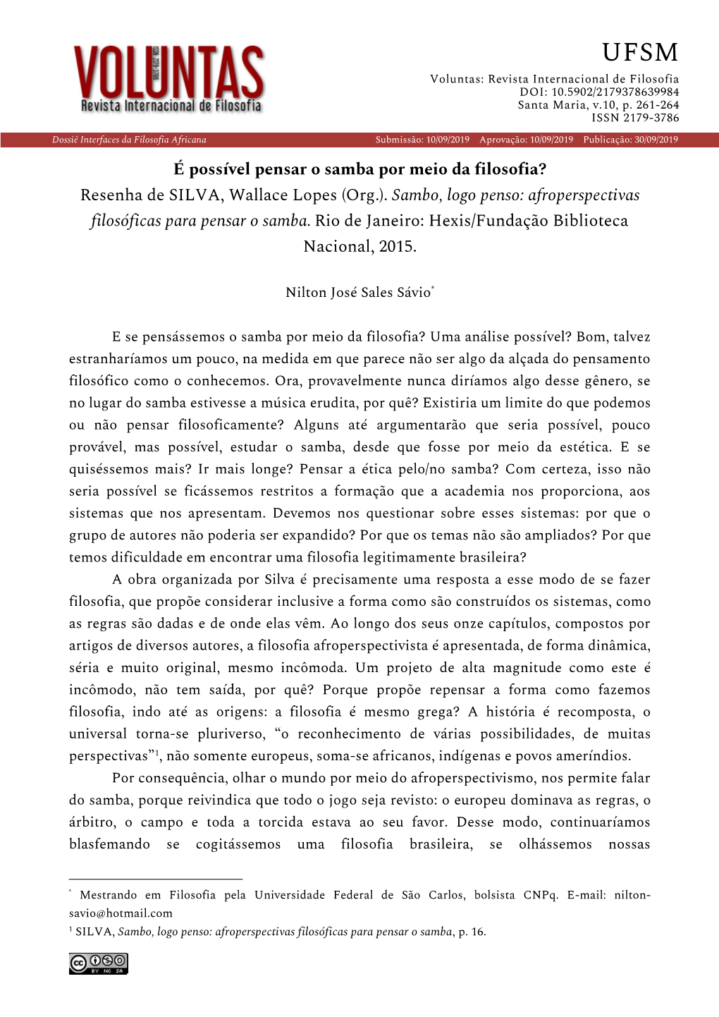 É Possível Pensar O Samba Por Meio Da Filosofia? Resenha De SILVA, Wallace Lopes (Org.)