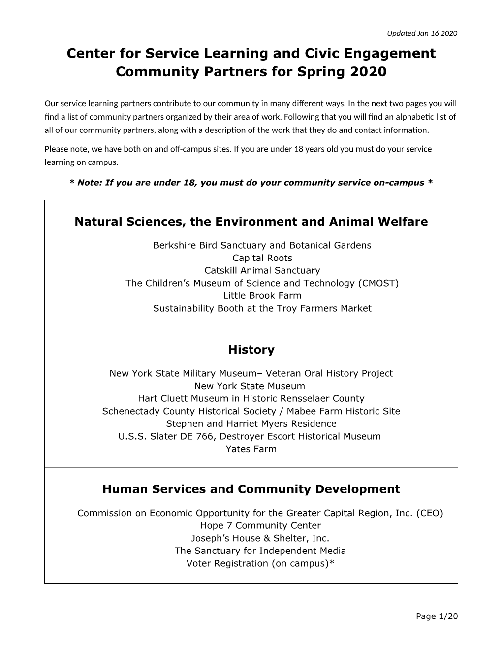 Center for Service Learning and Civic Engagement Community Partners for Spring 2020