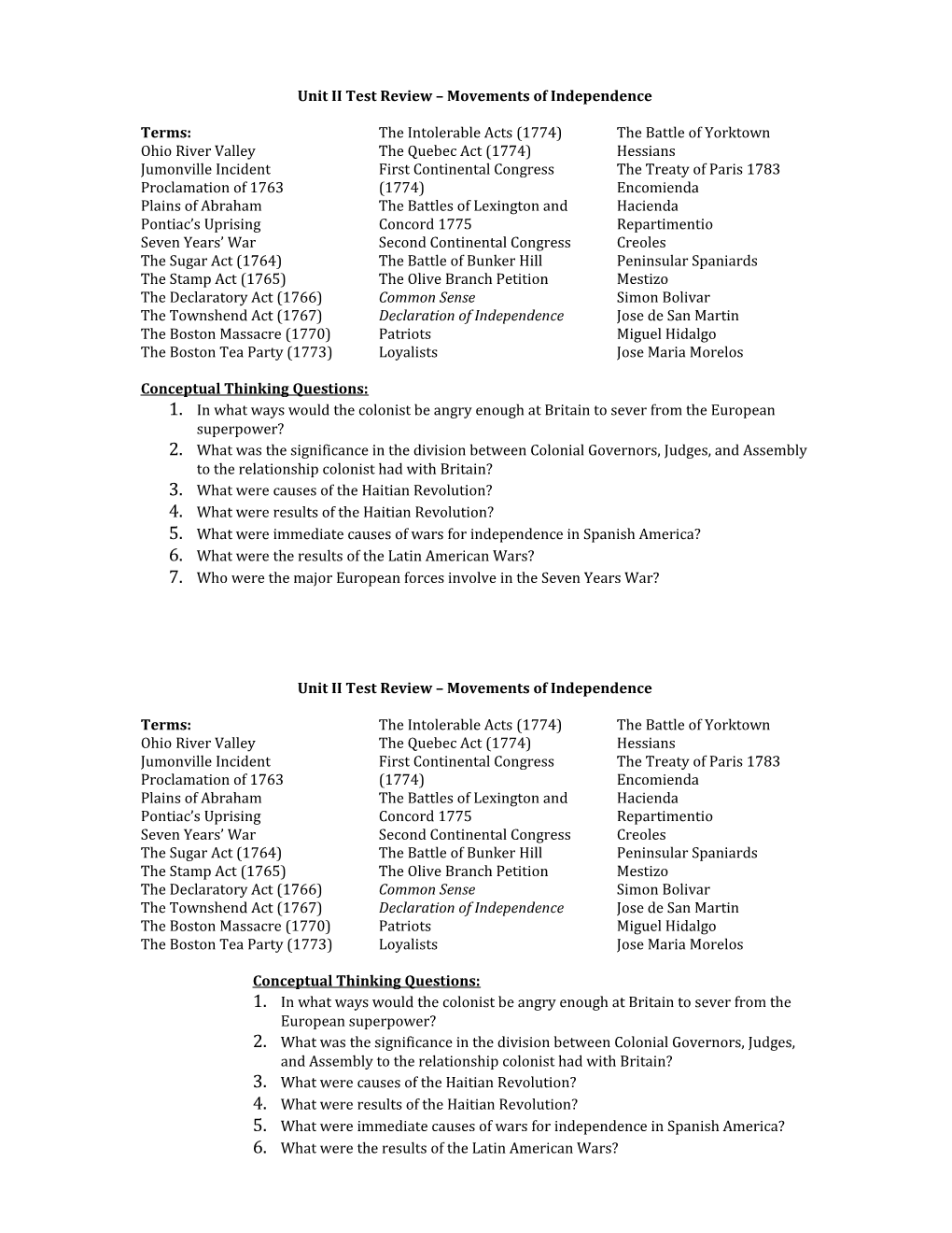 Unit II Test Review Movements of Independence