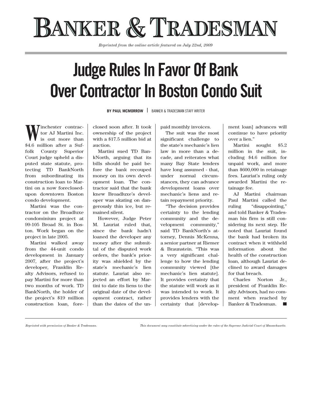 Judge Rules in Favor of Bank Over Contractor in Boston Condo Suit