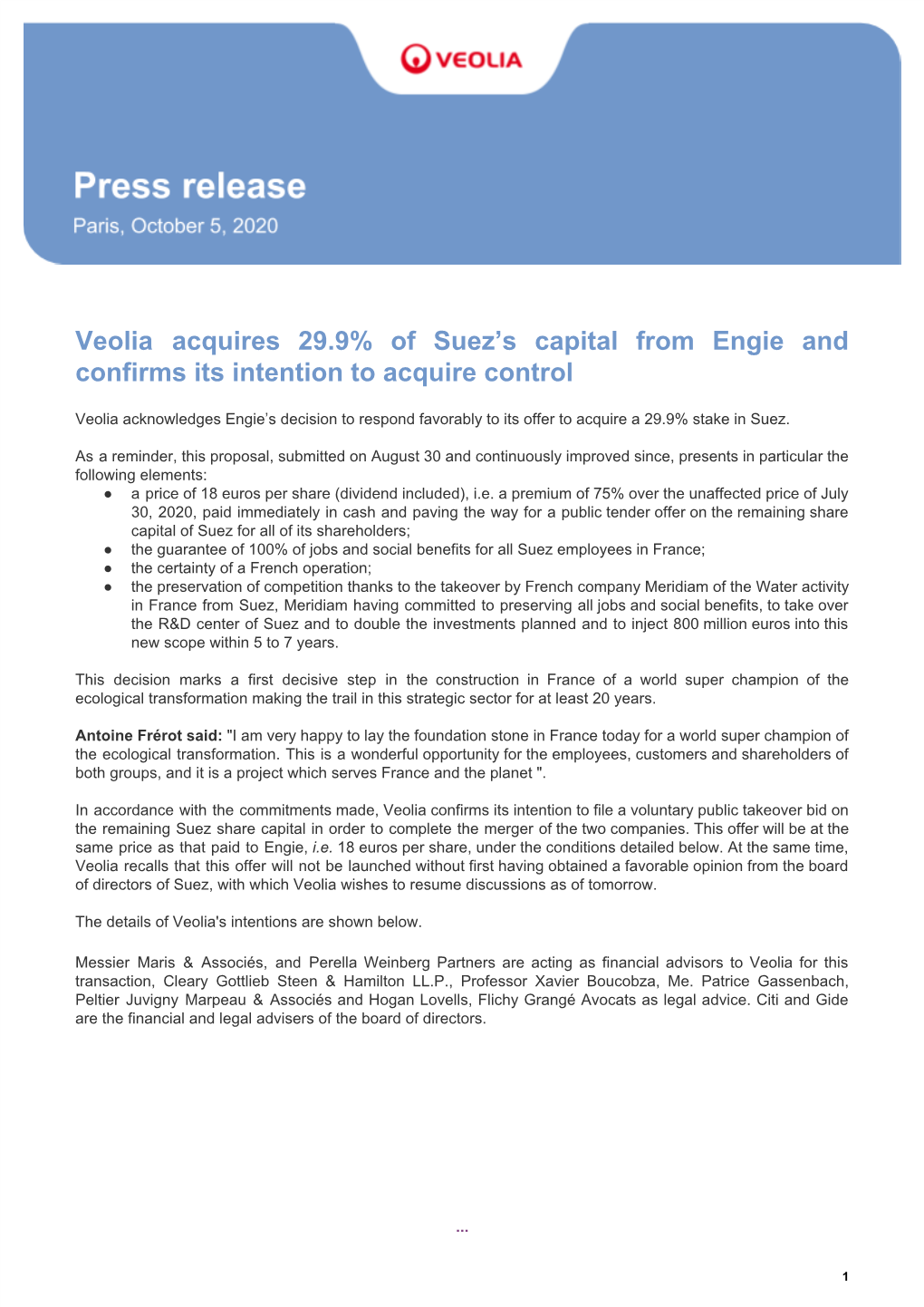 Veolia Acquires 29.9% of Suez's Capital from Engie and Confirms Its