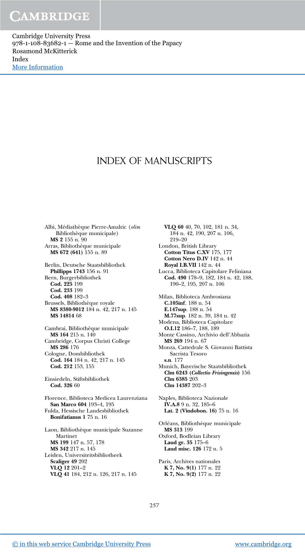 Index of Manuscripts