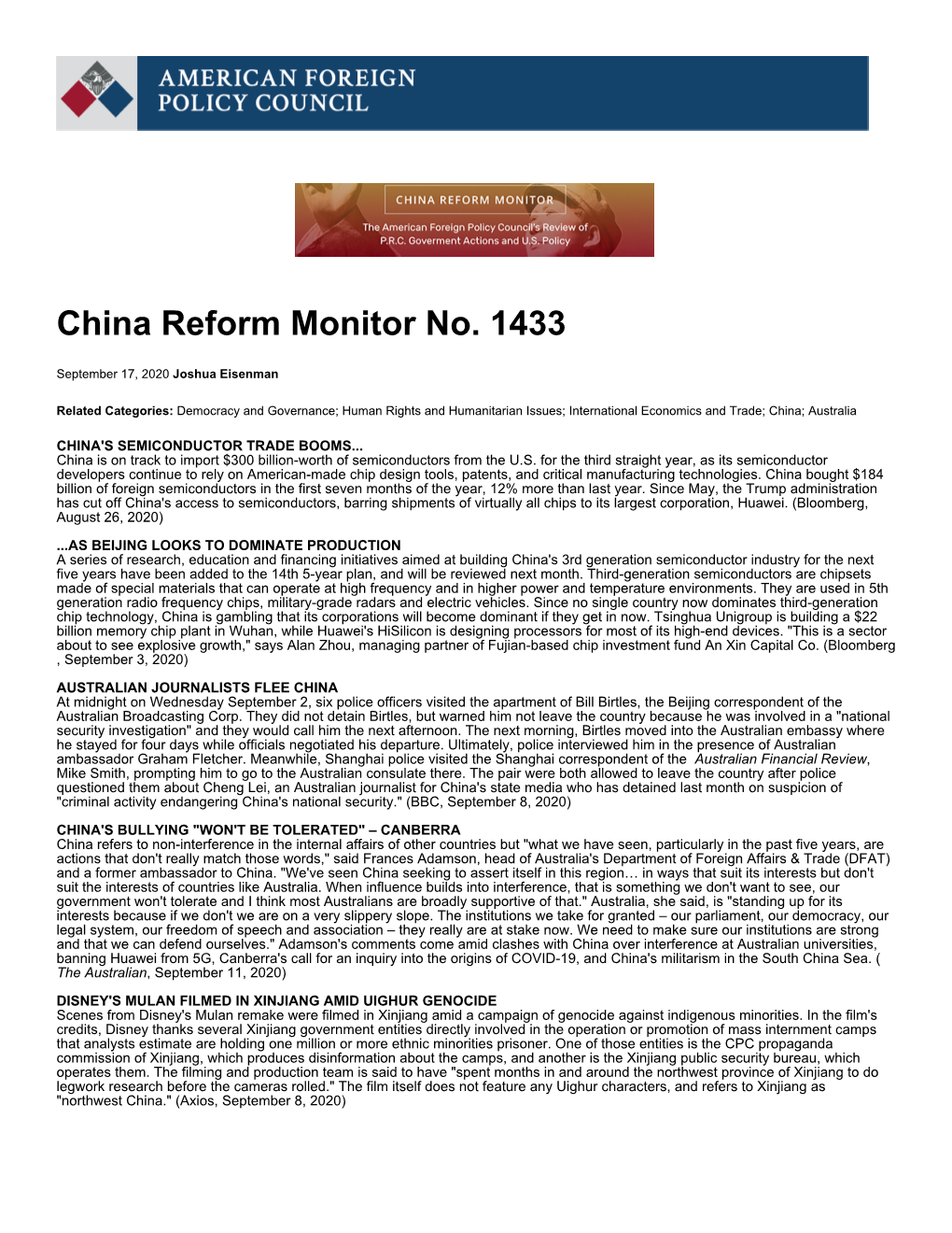 China Reform Monitor No. 1433 | American Foreign Policy Council