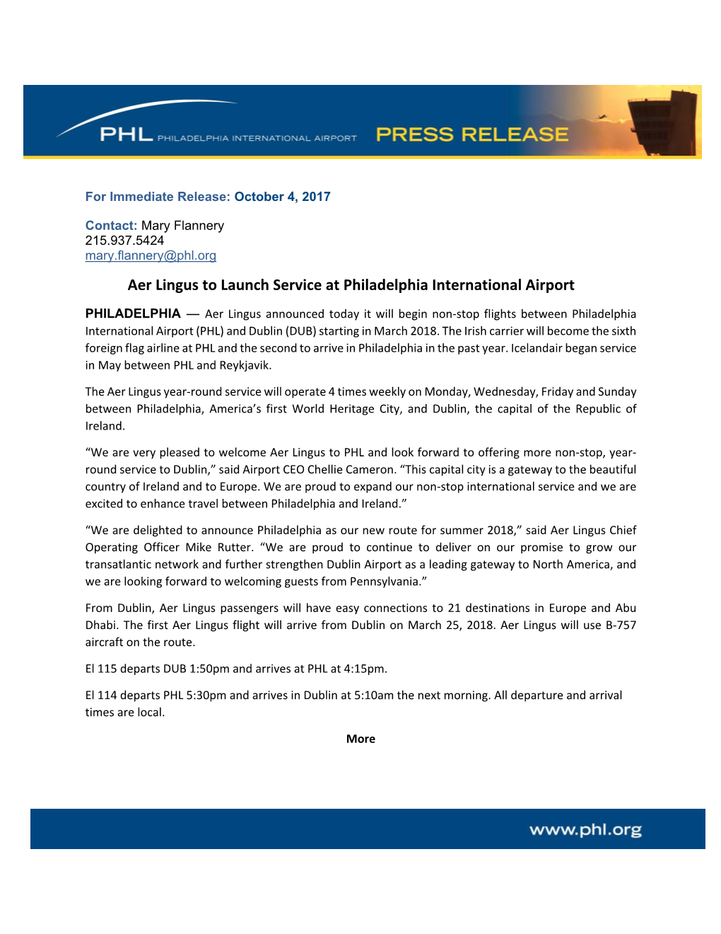 Aer Lingus to Launch Service at Philadelphia International Airport