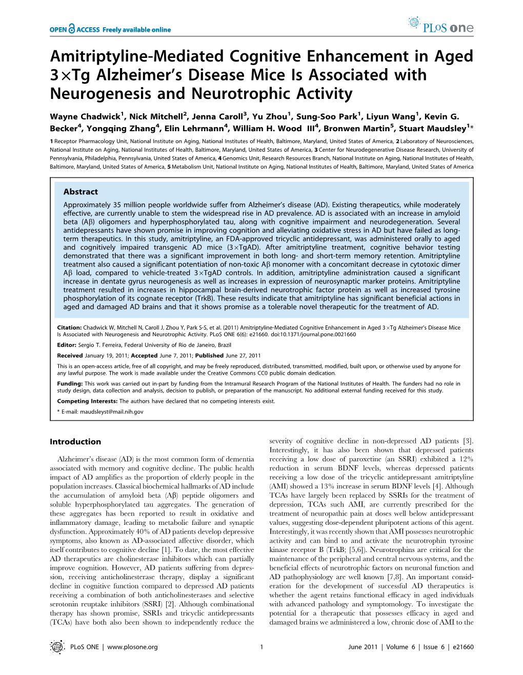 Amitriptyline-Mediated Cognitive Enhancement in Aged 36Tg Alzheimer’S Disease Mice Is Associated with Neurogenesis and Neurotrophic Activity