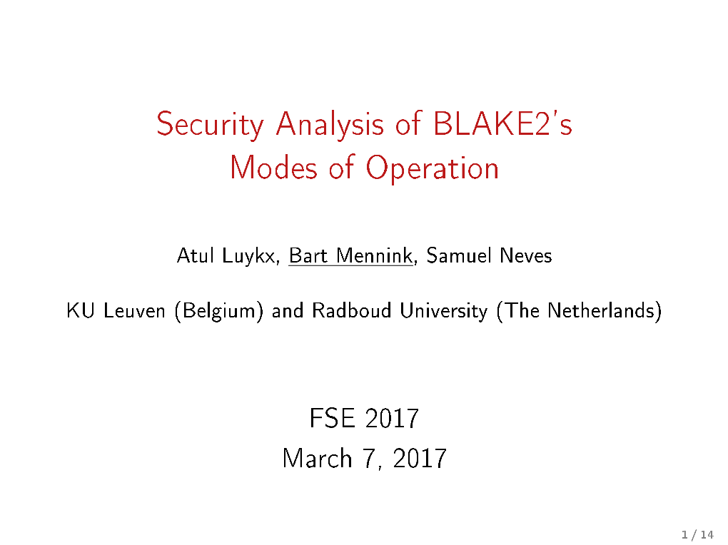 Security Analysis of BLAKE2's Modes of Operation