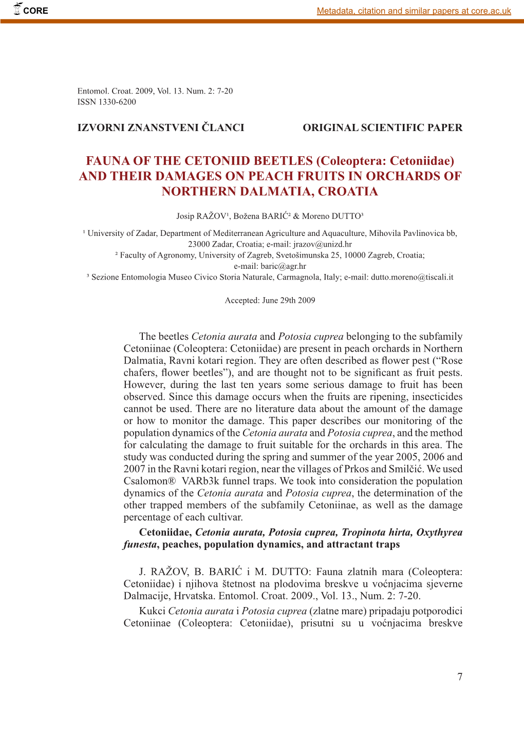 Coleoptera: Cetoniidae) and Their Damages on Peach Fruits in Orchards of Northern Dalmatia, Croatia