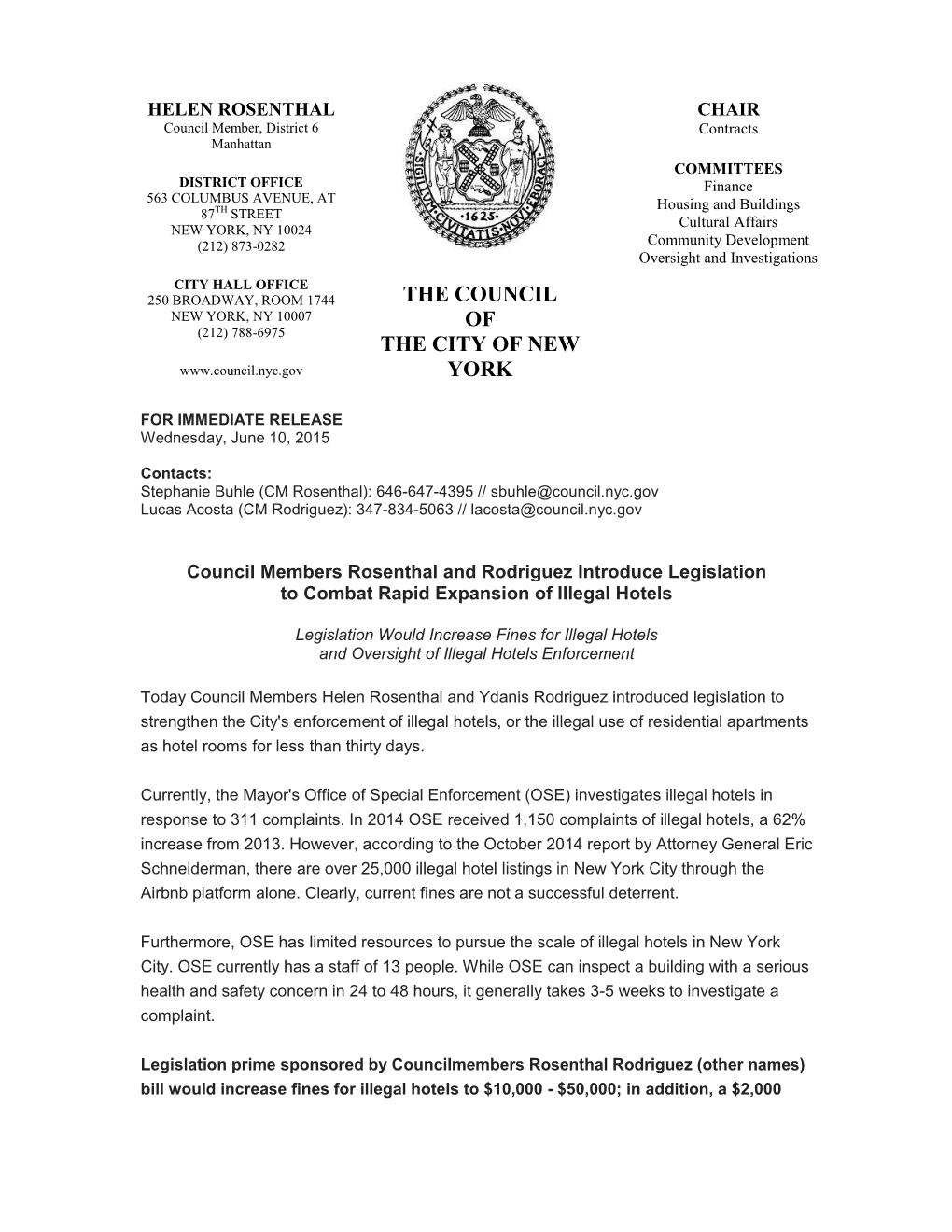 Council Members Rosenthal and Rodriguez Introduce Legislation to Combat Rapid Expansion of Illegal Hotels