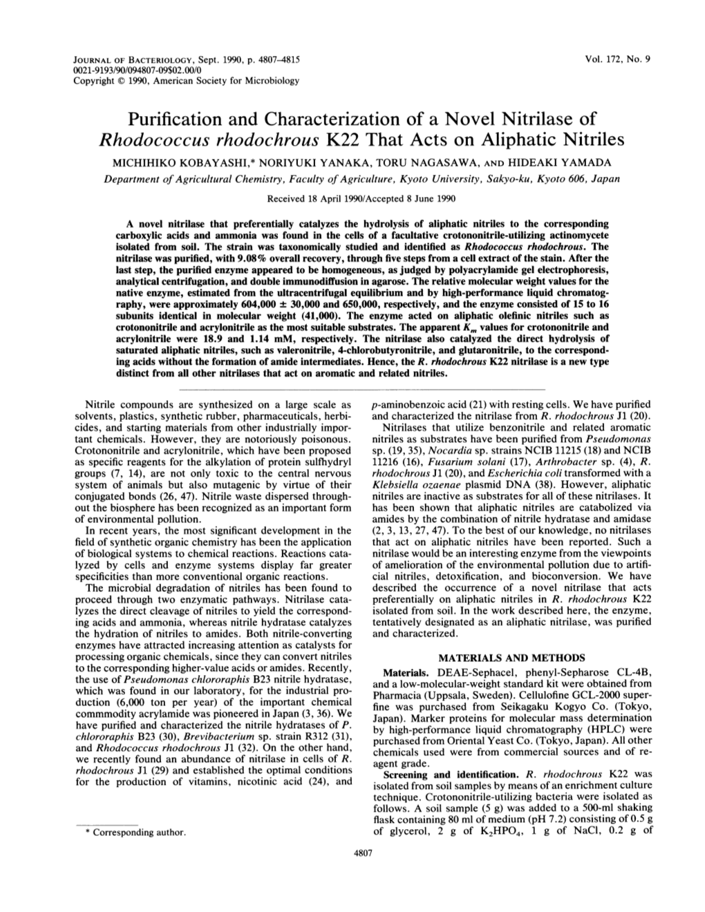 Purification and Characterization of a Novel Nitrilase of Rhodococcus