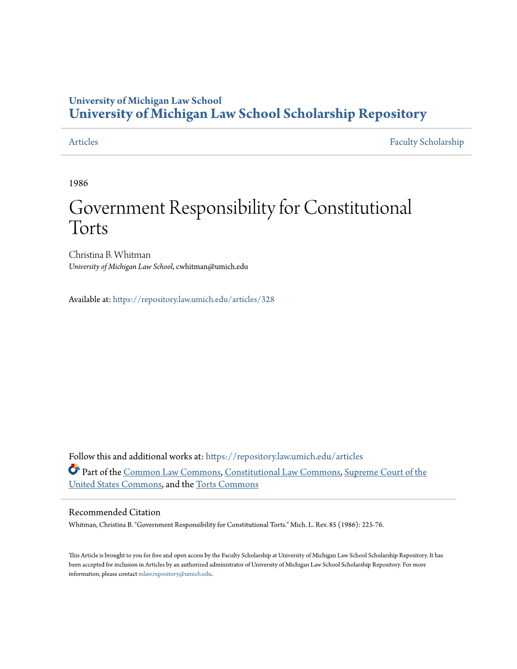 Government Responsibility for Constitutional Torts Christina B