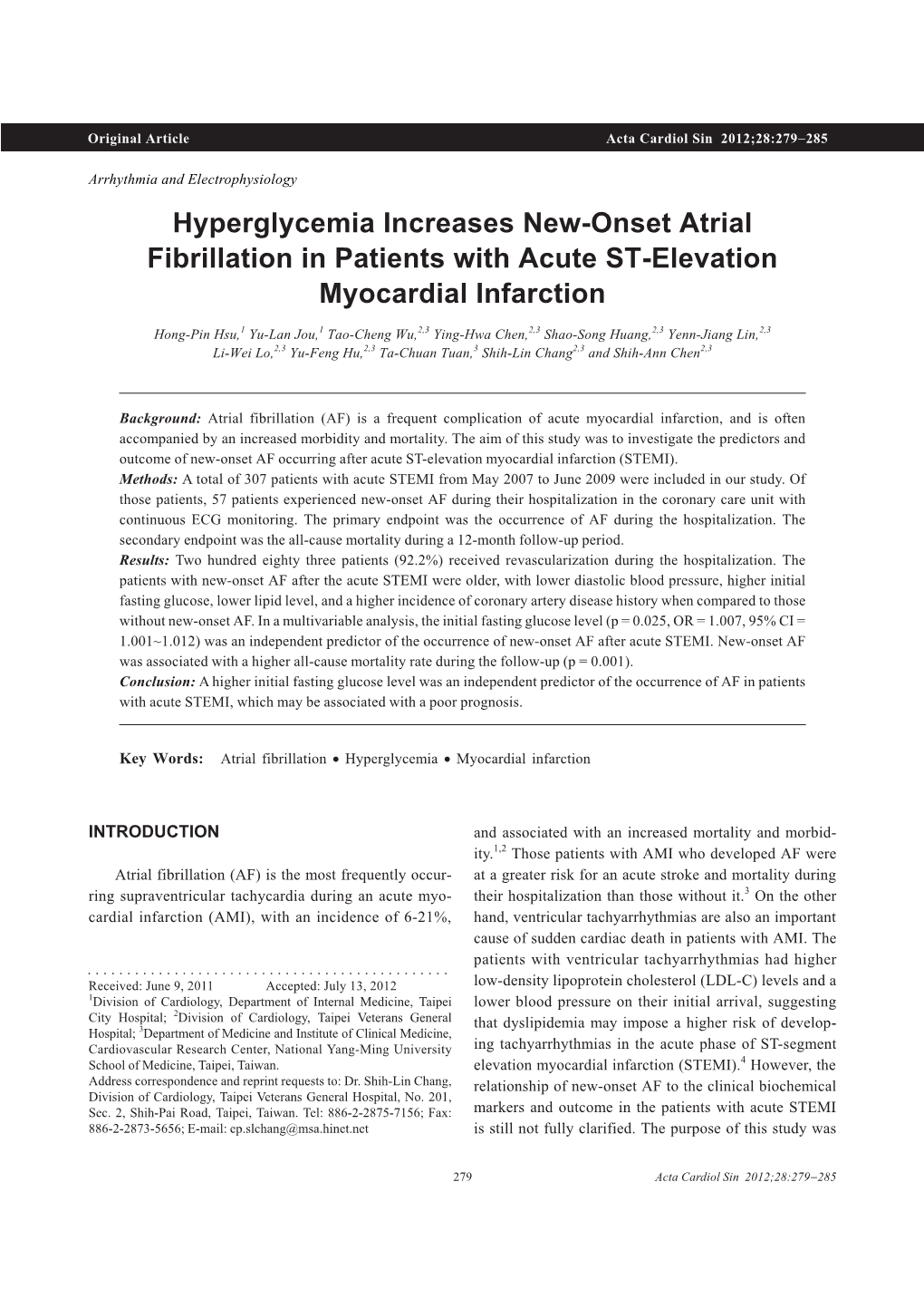 Hyperglycemia Increases New-Onset Atrial Fibrillation in Patients with Acute ST-Elevation Myocardial Infarction