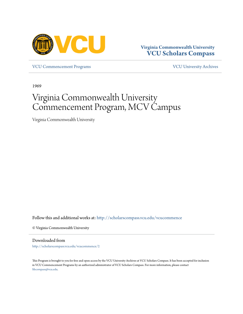 Virginia Commonwealth University Commencement Program, MCV Campus Virginia Commonwealth University