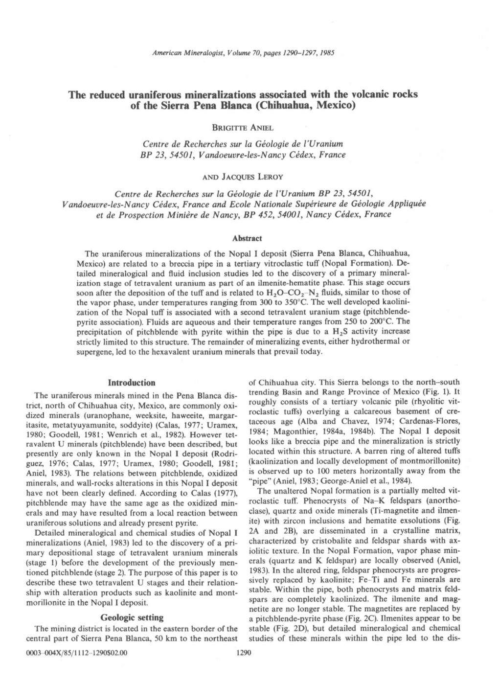 The Reduced Uraniferous Mineralizations Associated with the Volcanic Rocks of the Sierra Pena Blanca (Chihuahua, Mexico)