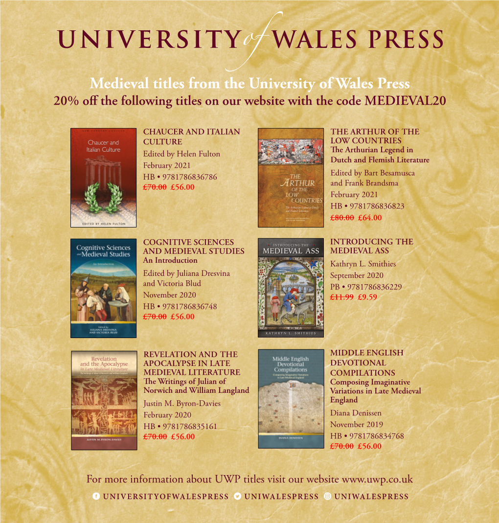 Medieval Titles from the University of Wales Press 20% Off the Following Titles on Our Website with the Code MEDIEVAL20