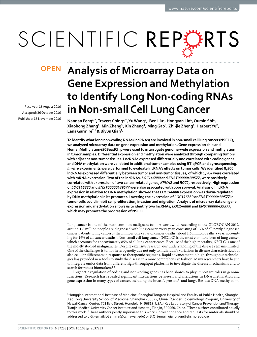 Analysis of Microarray Data on Gene Expression and Methylation to Identify Long Non-Coding Rnas in Non-Small Cell Lung Cancer