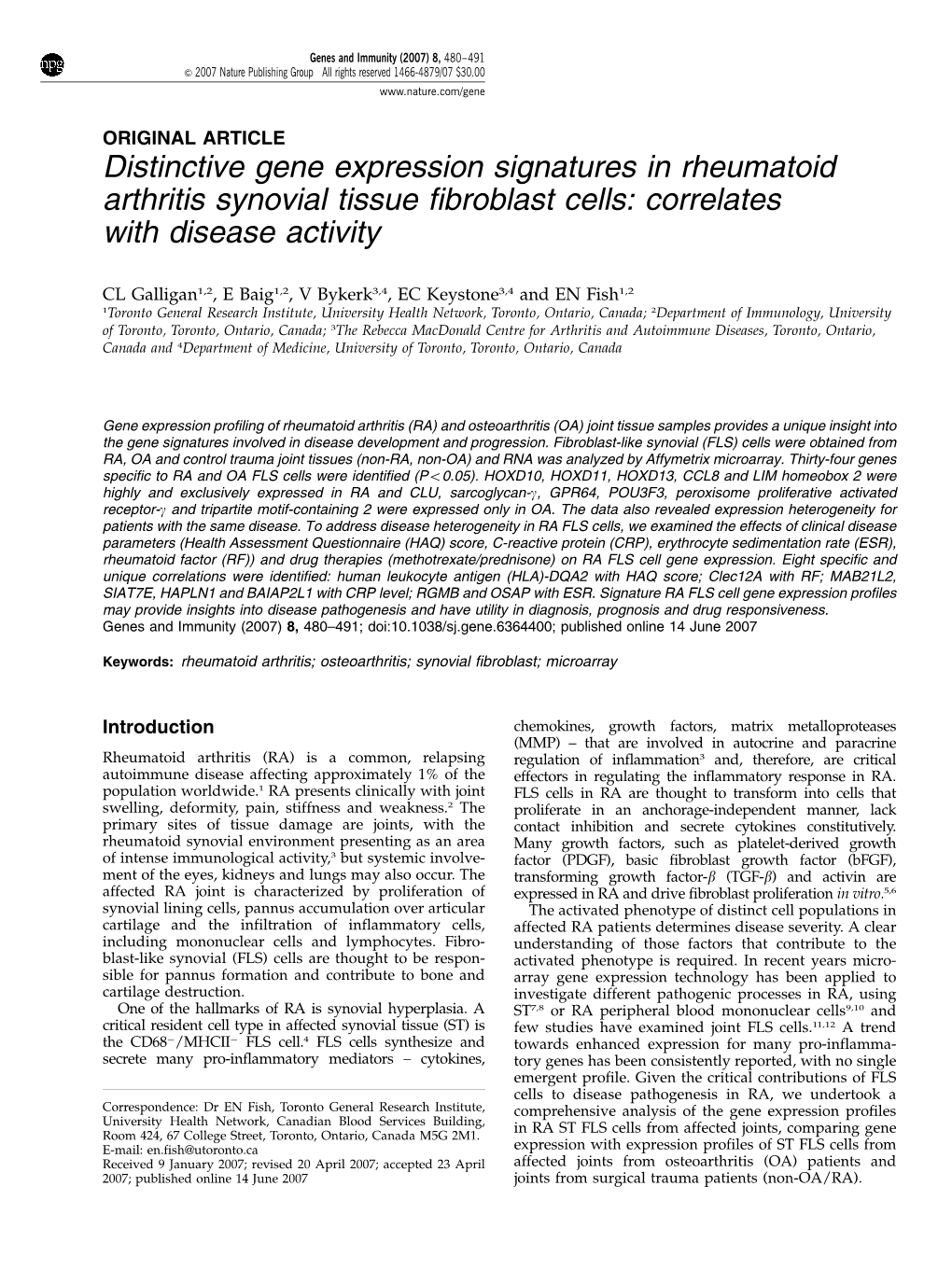 Distinctive Gene Expression Signatures in Rheumatoid Arthritis Synovial Tissue Fibroblast Cells: Correlates with Disease Activity