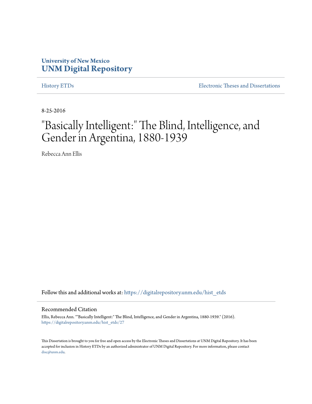 The Blind, Intelligence, and Gender in Argentina, 1880-1939