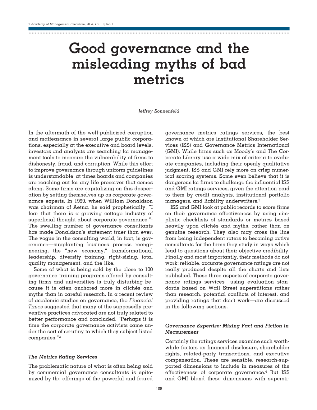Good Governance and the Misleading Myths of Bad Metrics