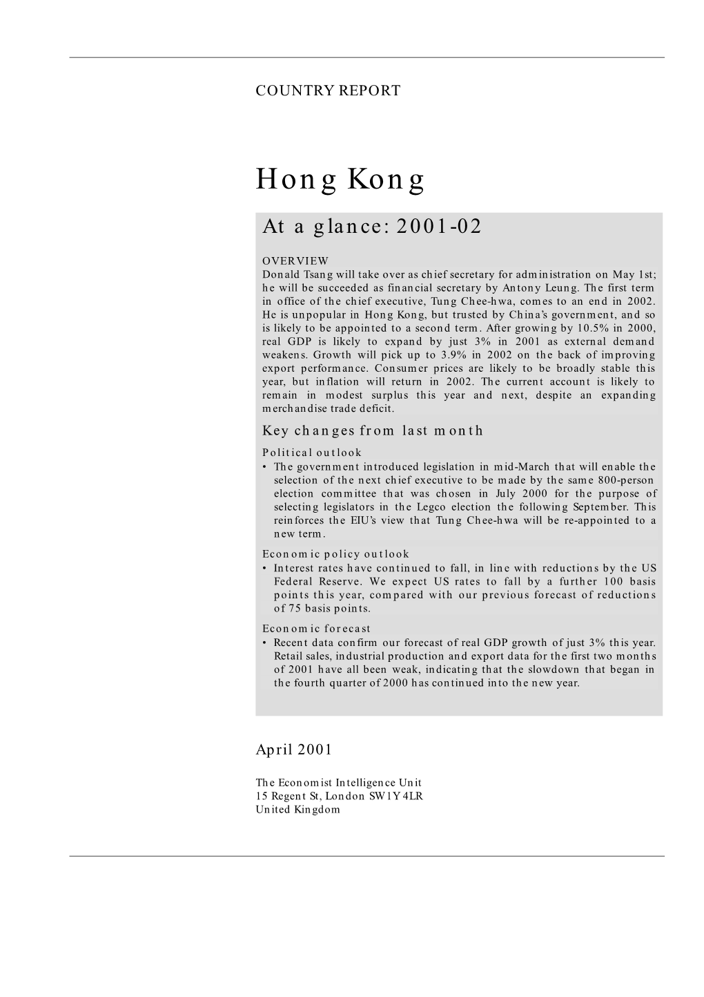 Hong Kong at a Glance: 2001-02