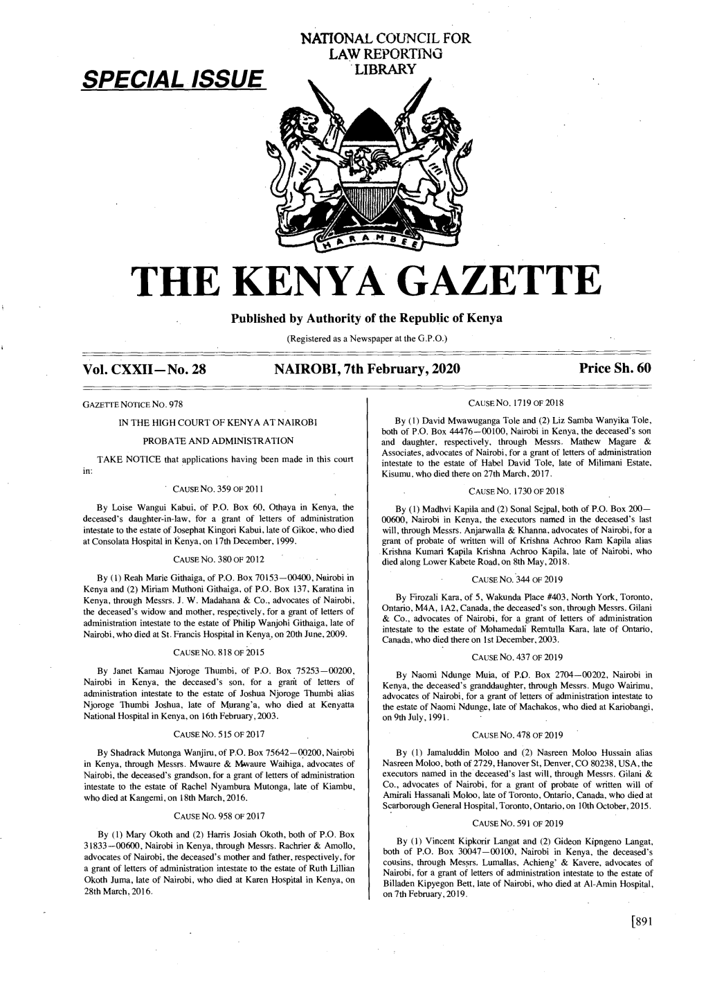 THE KENYA GAZETTE Published by Authority of the Republic of Kenya