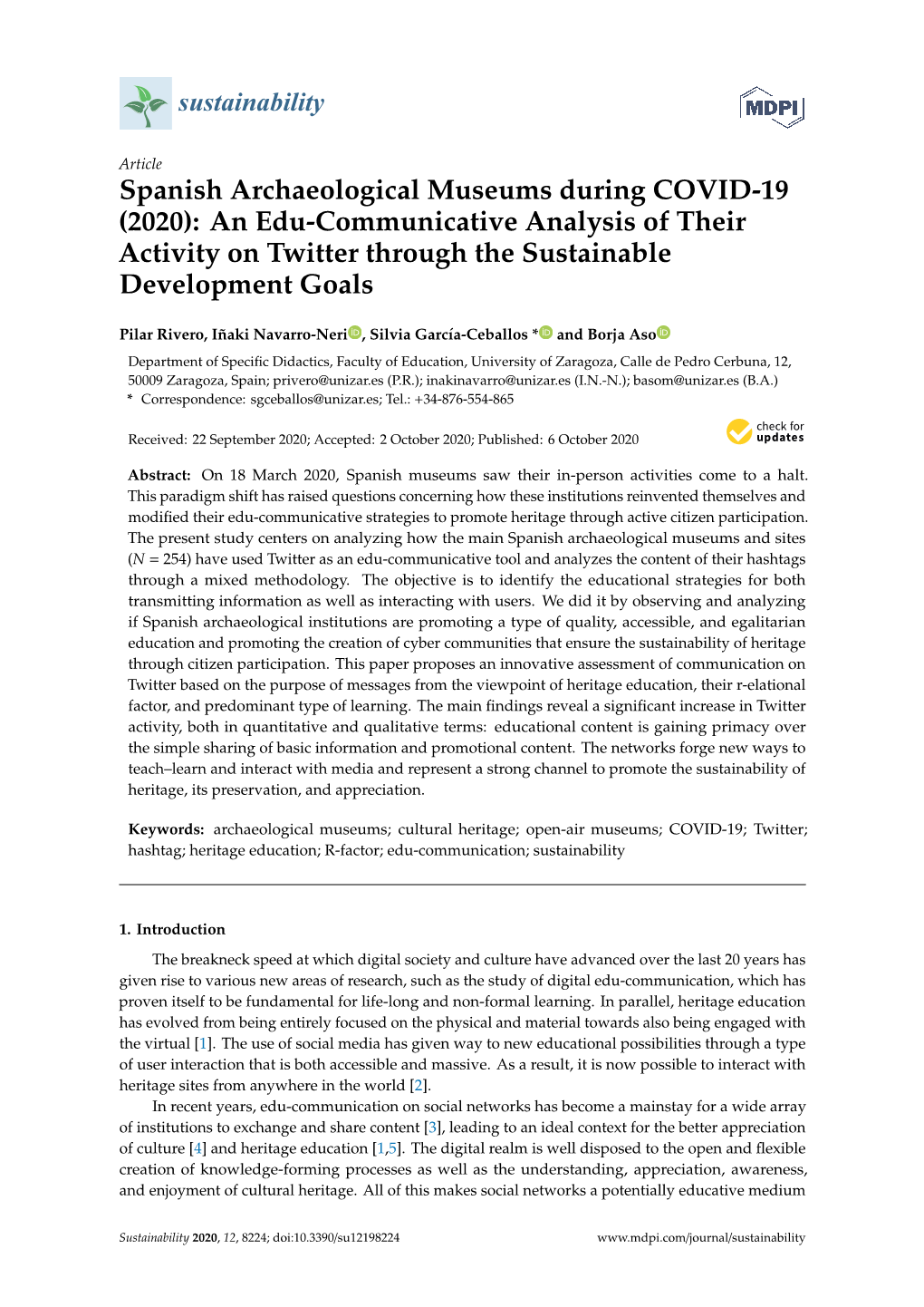 Spanish Archaeological Museums During COVID-19 (2020): an Edu-Communicative Analysis of Their Activity on Twitter Through the Sustainable Development Goals