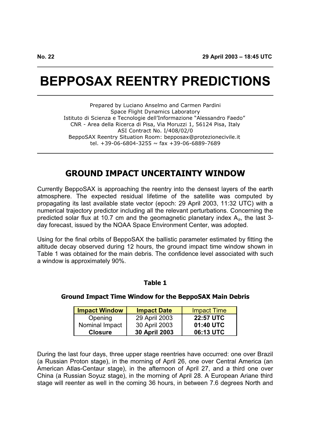 BEPPOSAX REENTRY PREDICTIONS 29 April 2003 18:45 UTC No. 22