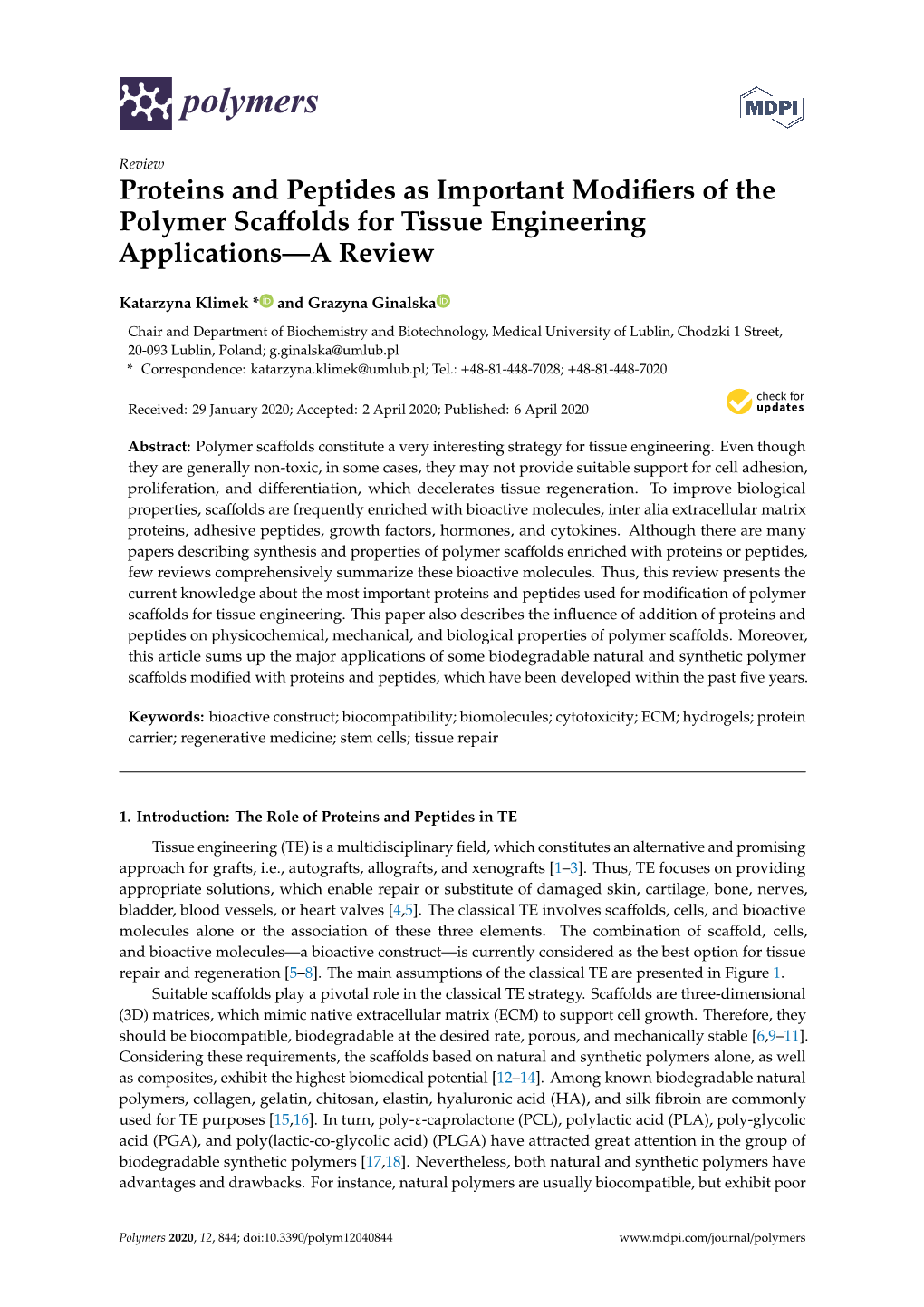 Proteins and Peptides As Important Modifiers of the Polymer Scaffolds