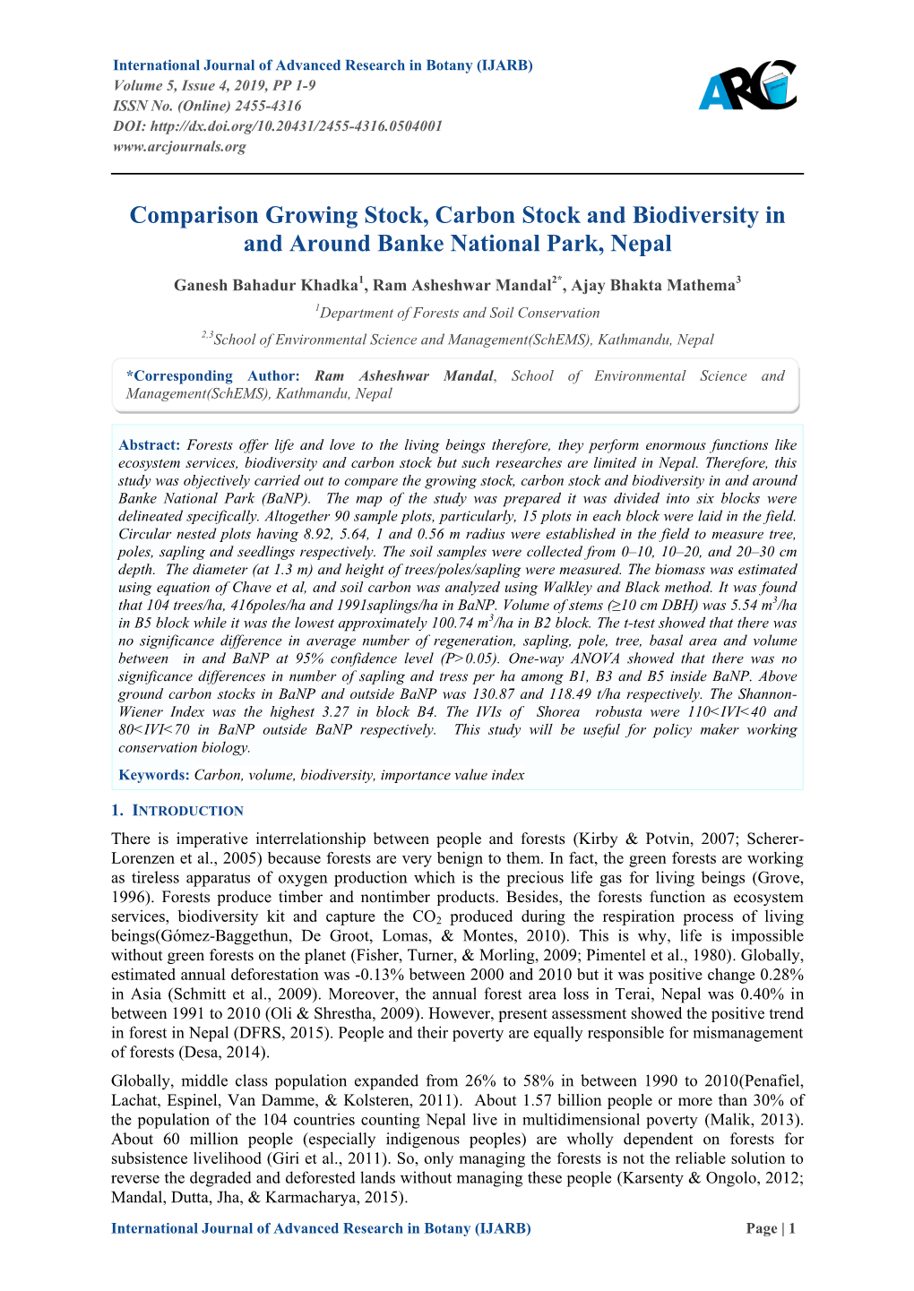 Comparison Growing Stock, Carbon Stock and Biodiversity in and Around Banke National Park, Nepal