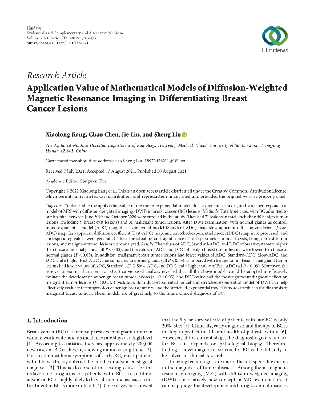 Research Article Application Value of Mathematical Models of Diffusion-Weighted Magnetic Resonance Imaging in Differentiating Breast Cancer Lesions