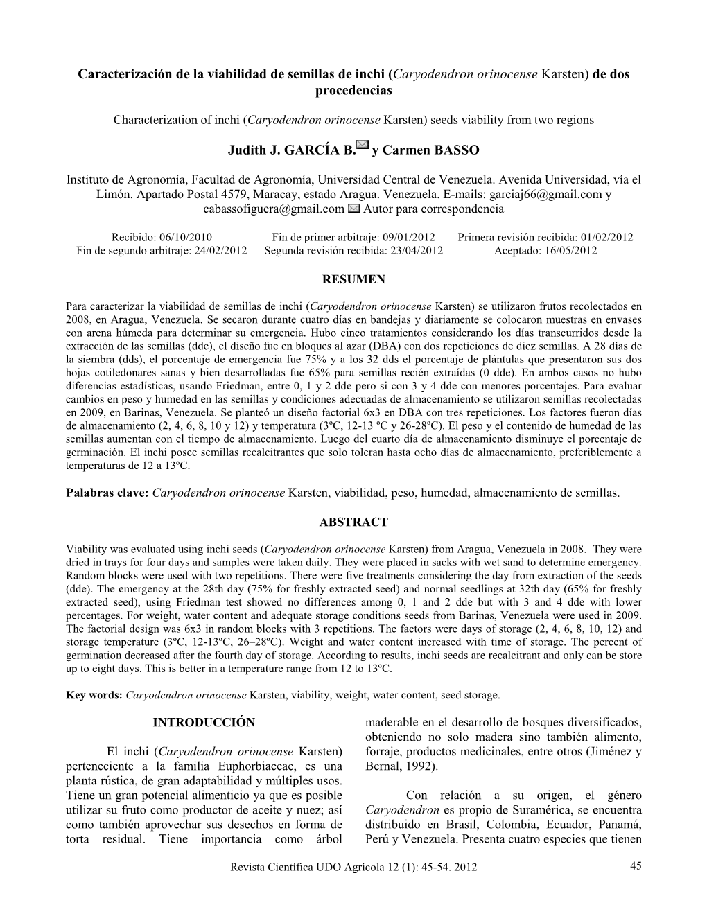 Characterization of Inchi (Caryodendron Orinocense Karsten) Seeds Viability from Two Regions