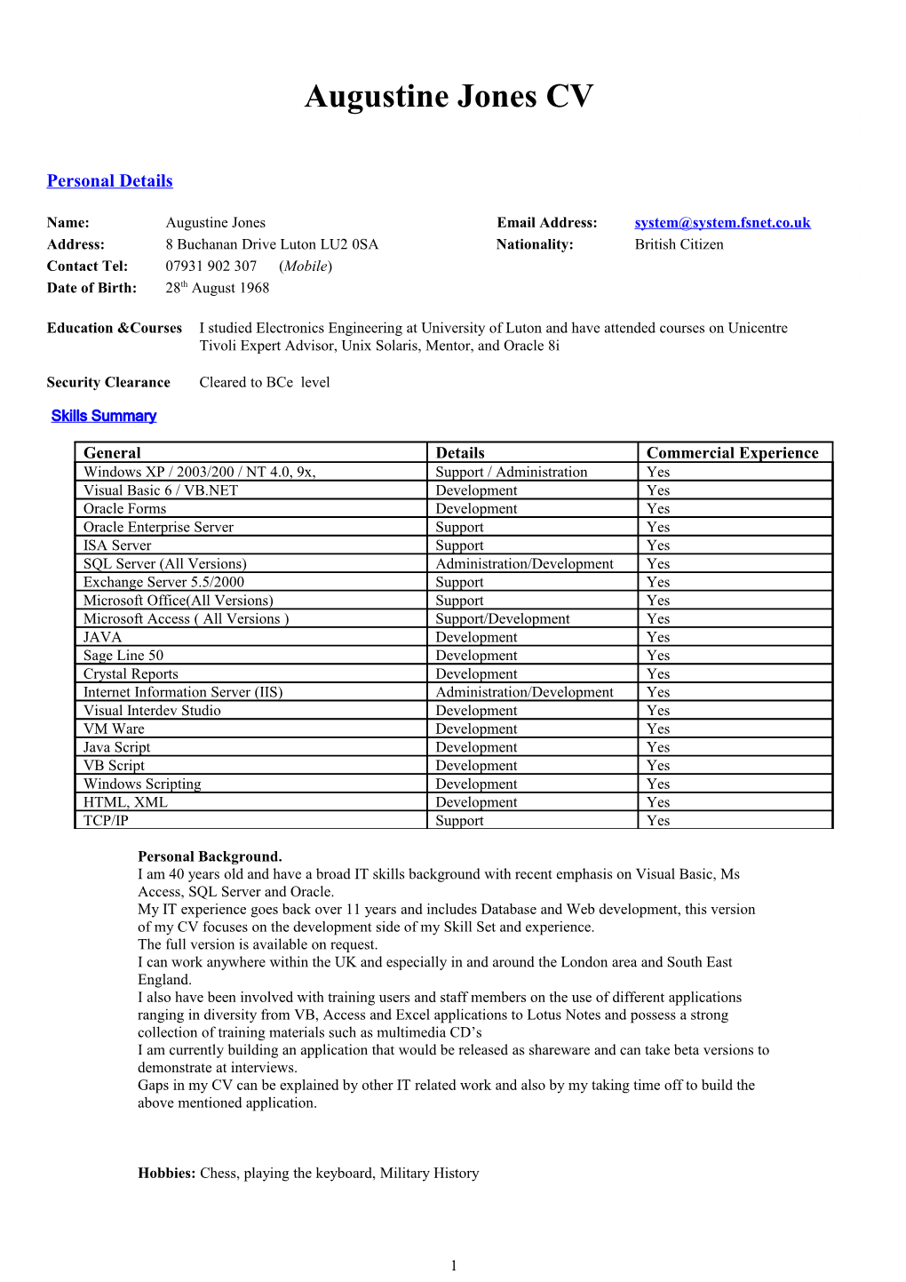 Augustine Jones CV