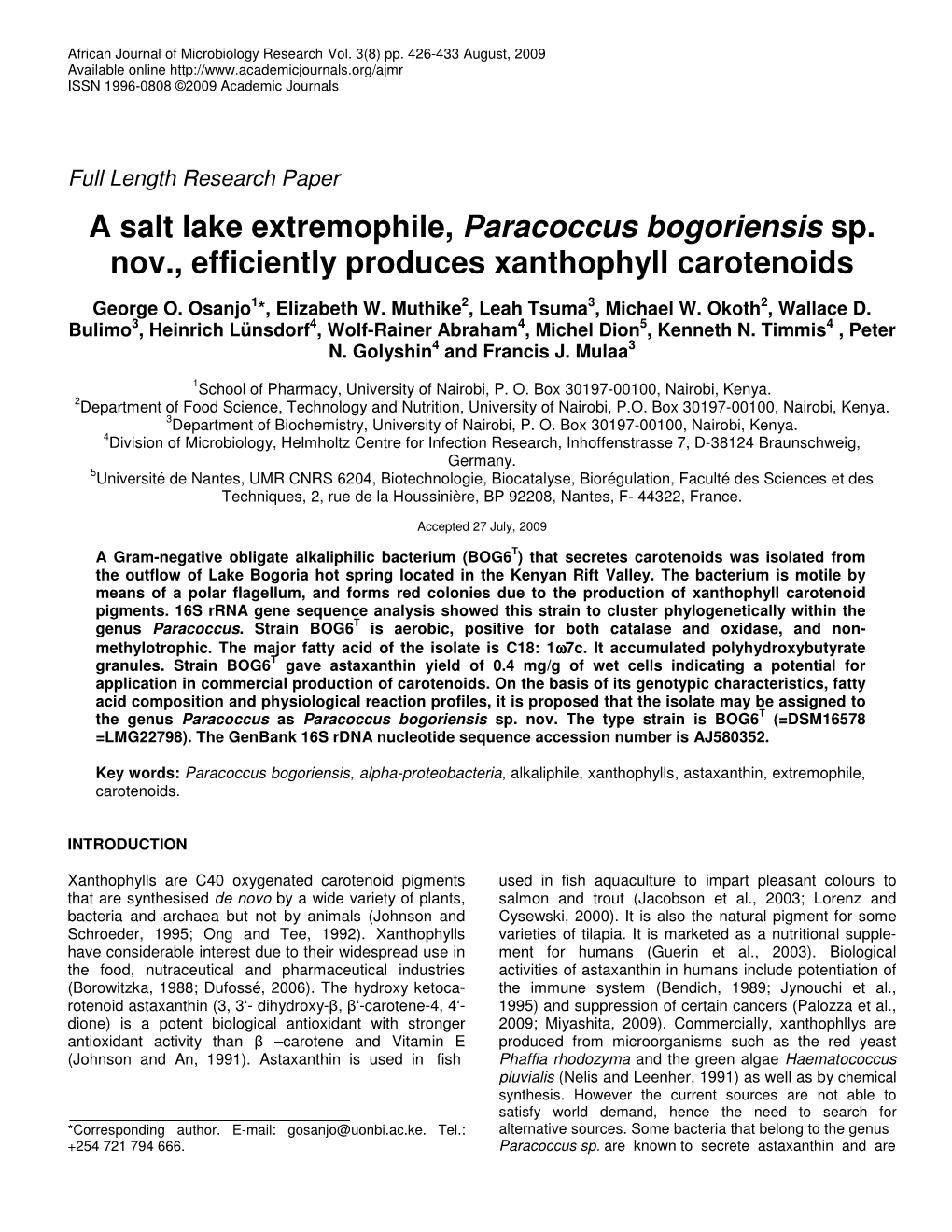 A Salt Lake Extremophile, Paracoccus Bogoriensis Sp. Nov., Efficiently Produces Xanthophyll Carotenoids