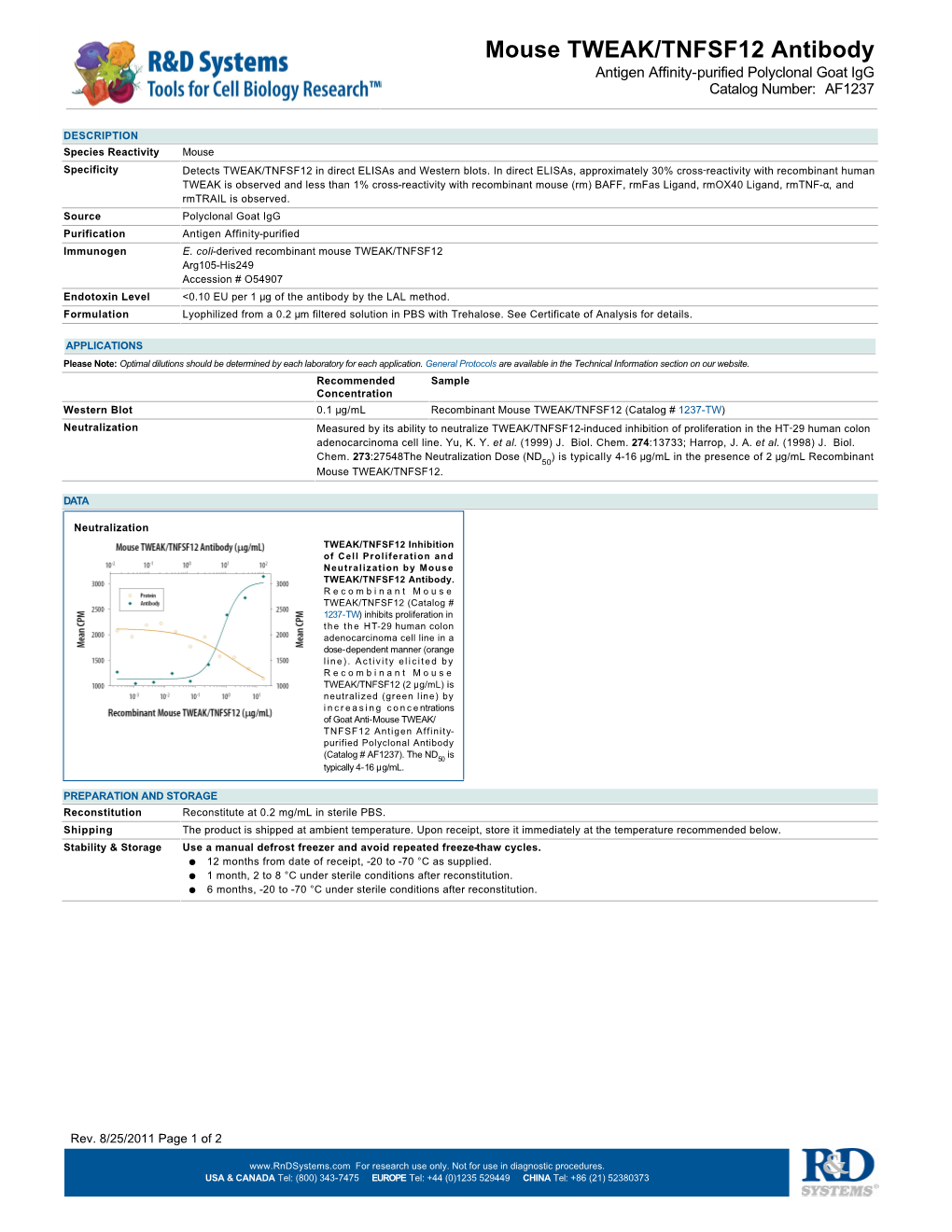 Mouse TWEAK/TNFSF12 Antibody Antigen Affinity-Purified Polyclonal Goat Igg Catalog Number: AF1237