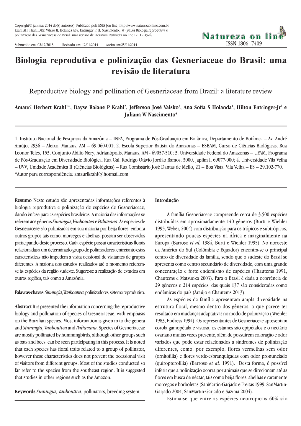 Biologia Reprodutiva E Polinização Das Gesneriaceae Do Brasil: Uma Revisão De Literatura