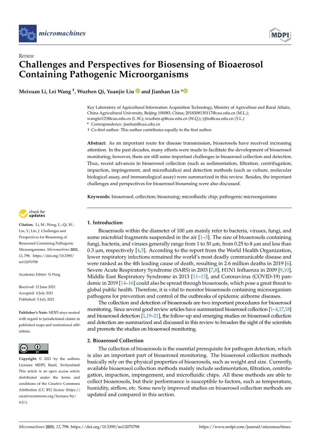 Challenges and Perspectives for Biosensing of Bioaerosol Containing Pathogenic Microorganisms