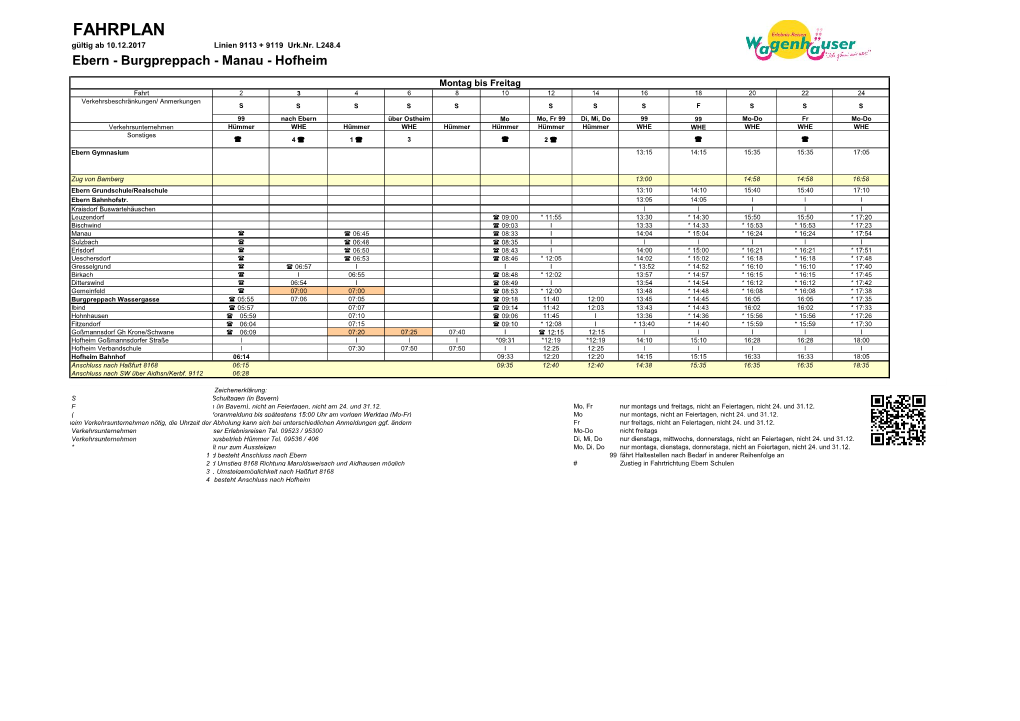 FAHRPLAN Gültig Ab 10.12.2017 Linien 9113 + 9119 Urk.Nr