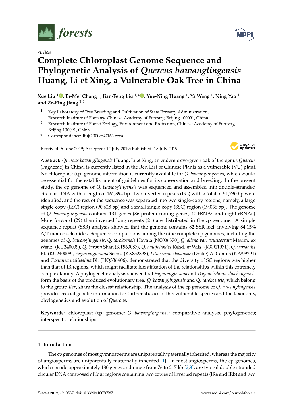 Complete Chloroplast Genome Sequence and Phylogenetic Analysis of Quercus Bawanglingensis Huang, Li Et Xing, a Vulnerable Oak Tree in China