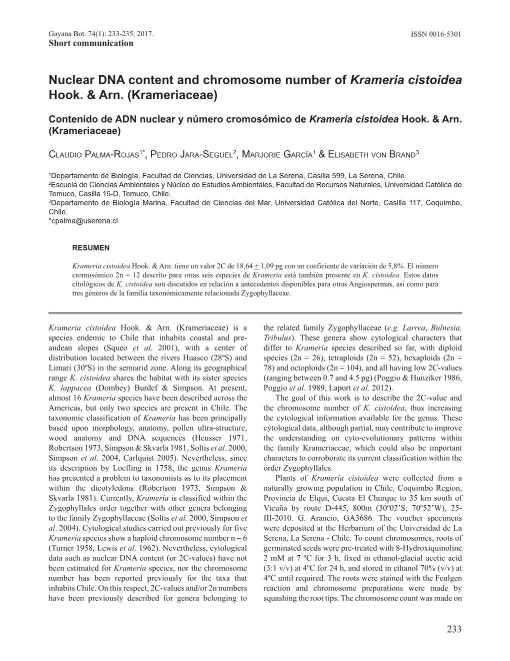 Nuclear DNA Content and Chromosome Number of Krameria Cistoidea Hook