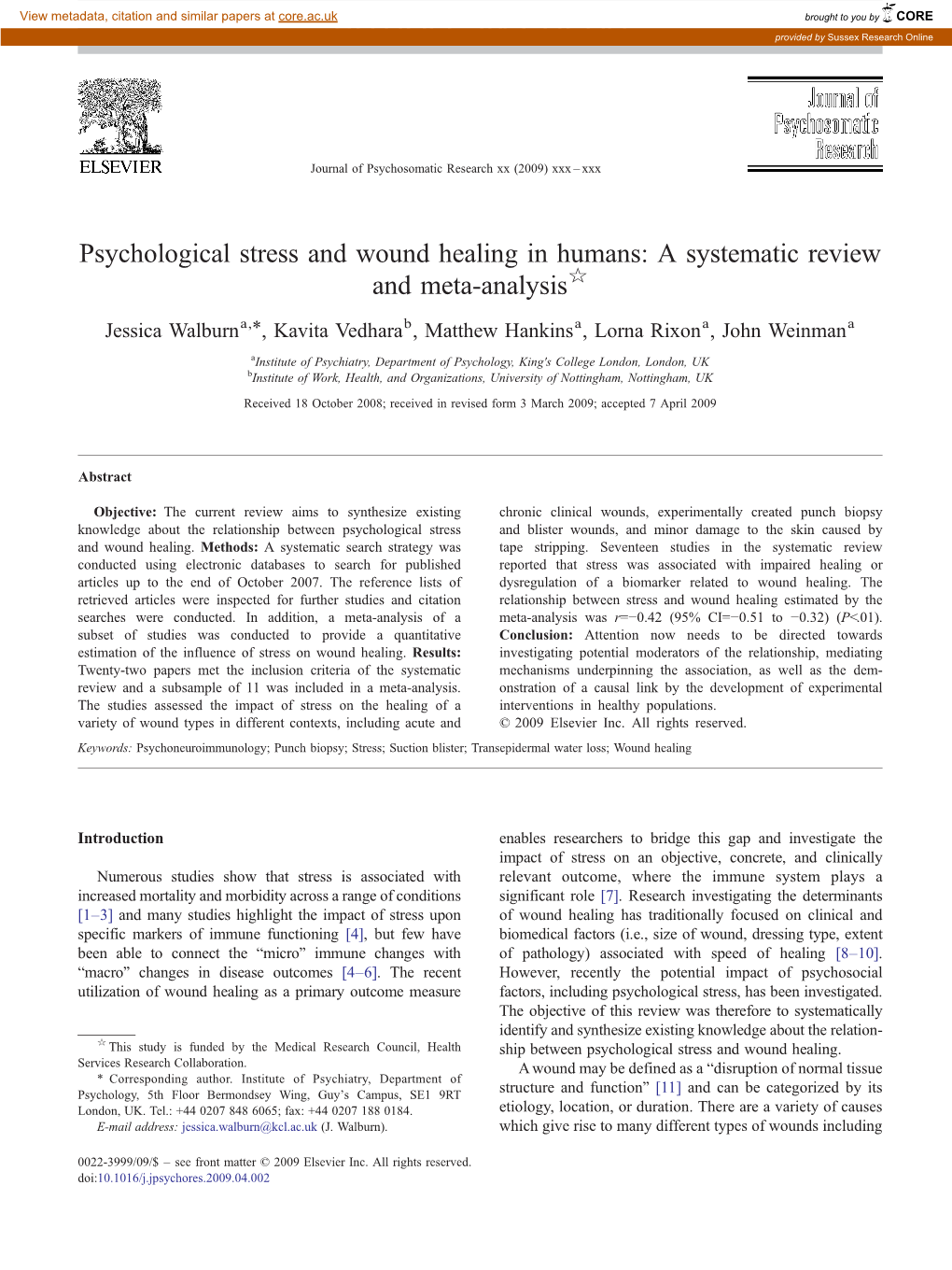 Psychological Stress and Wound Healing in Humans