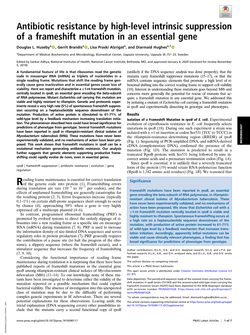 Antibiotic Resistance by High-Level Intrinsic Suppression of a Frameshift Mutation in an Essential Gene