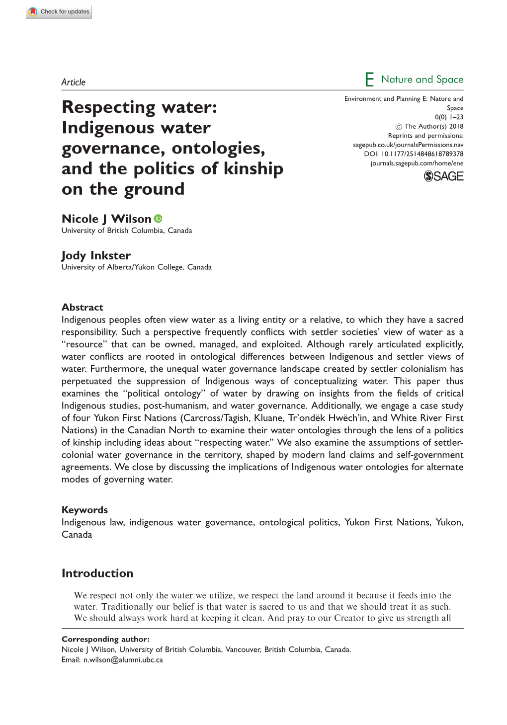 Indigenous Water Governance, Ontologies, and the Politics Of