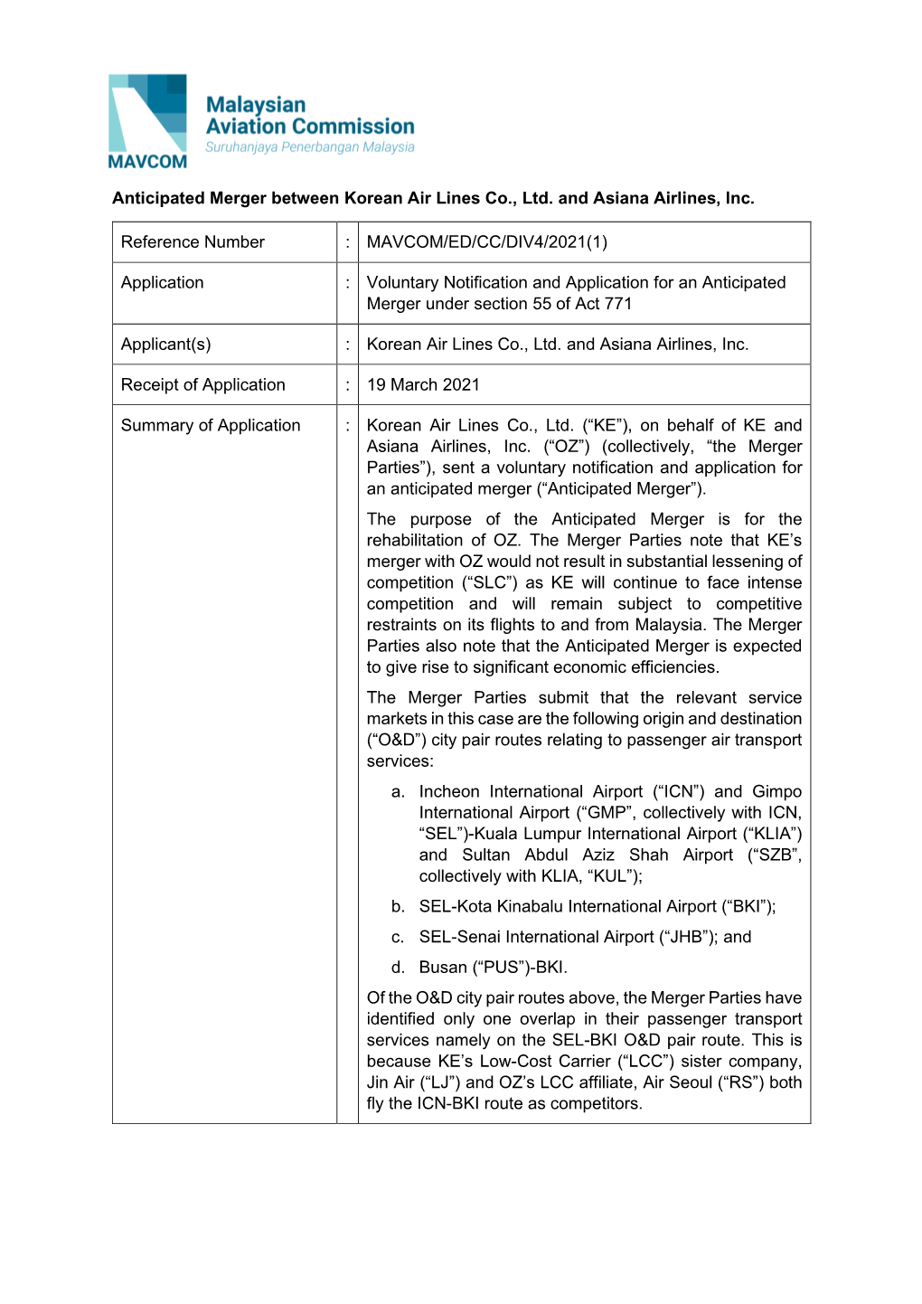 Consultation on the Application of an Anticipated Merger Between Korean Air Lines Co., Ltd. and Asiana