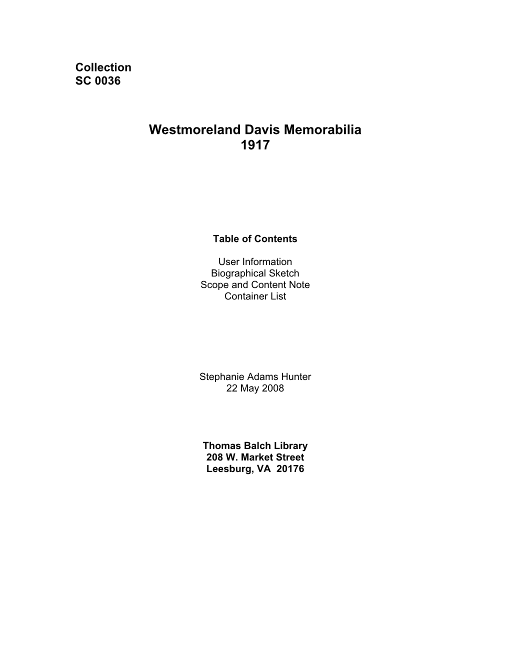 Westmoreland Davis Memorabilia SC 0036