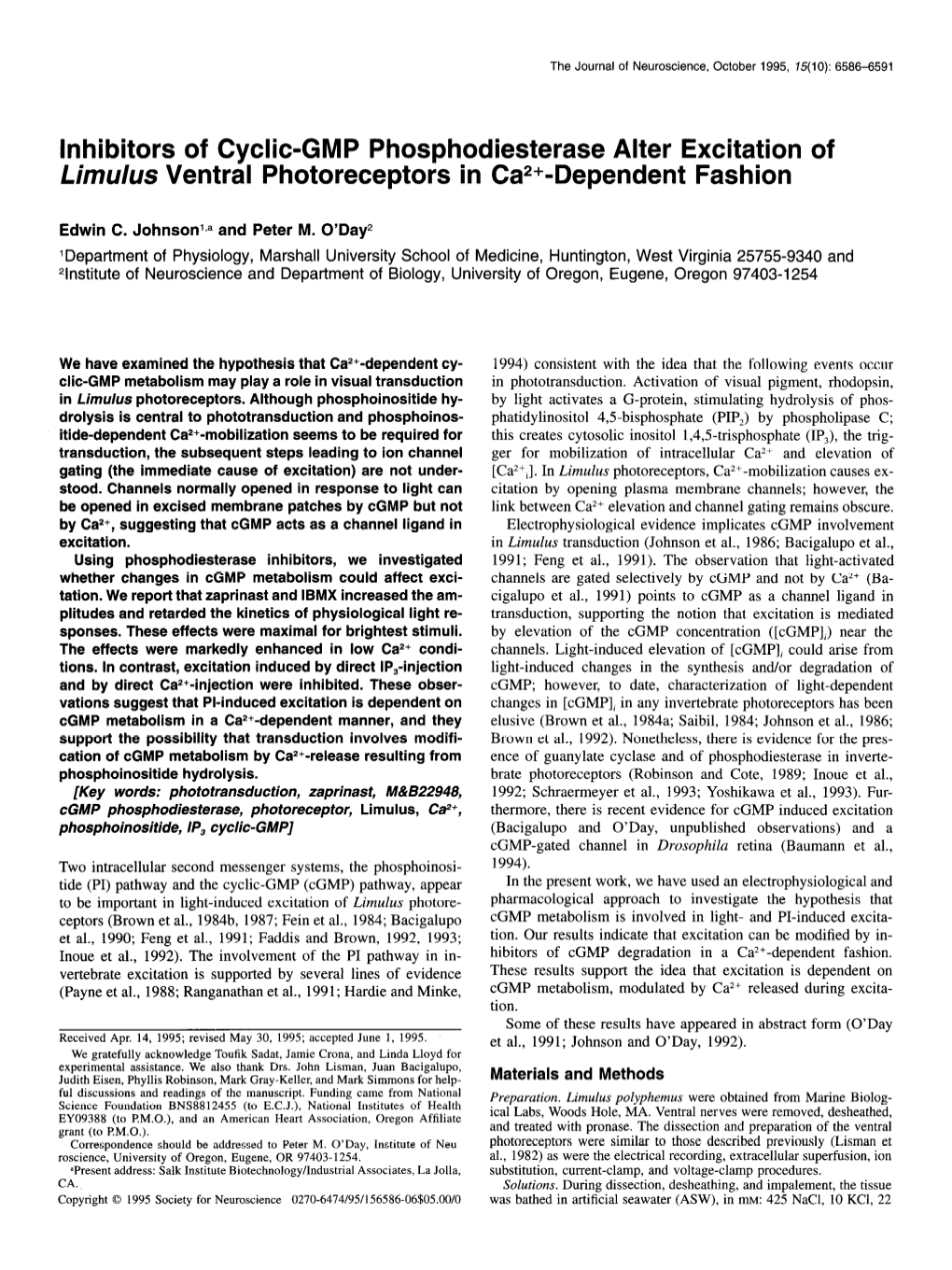 Inhibitors of Cyclic-GMP Phosphodiesterase Alter Excitation of Limulus Ventral Photoreceptors in Ca2+-Dependent Fashion