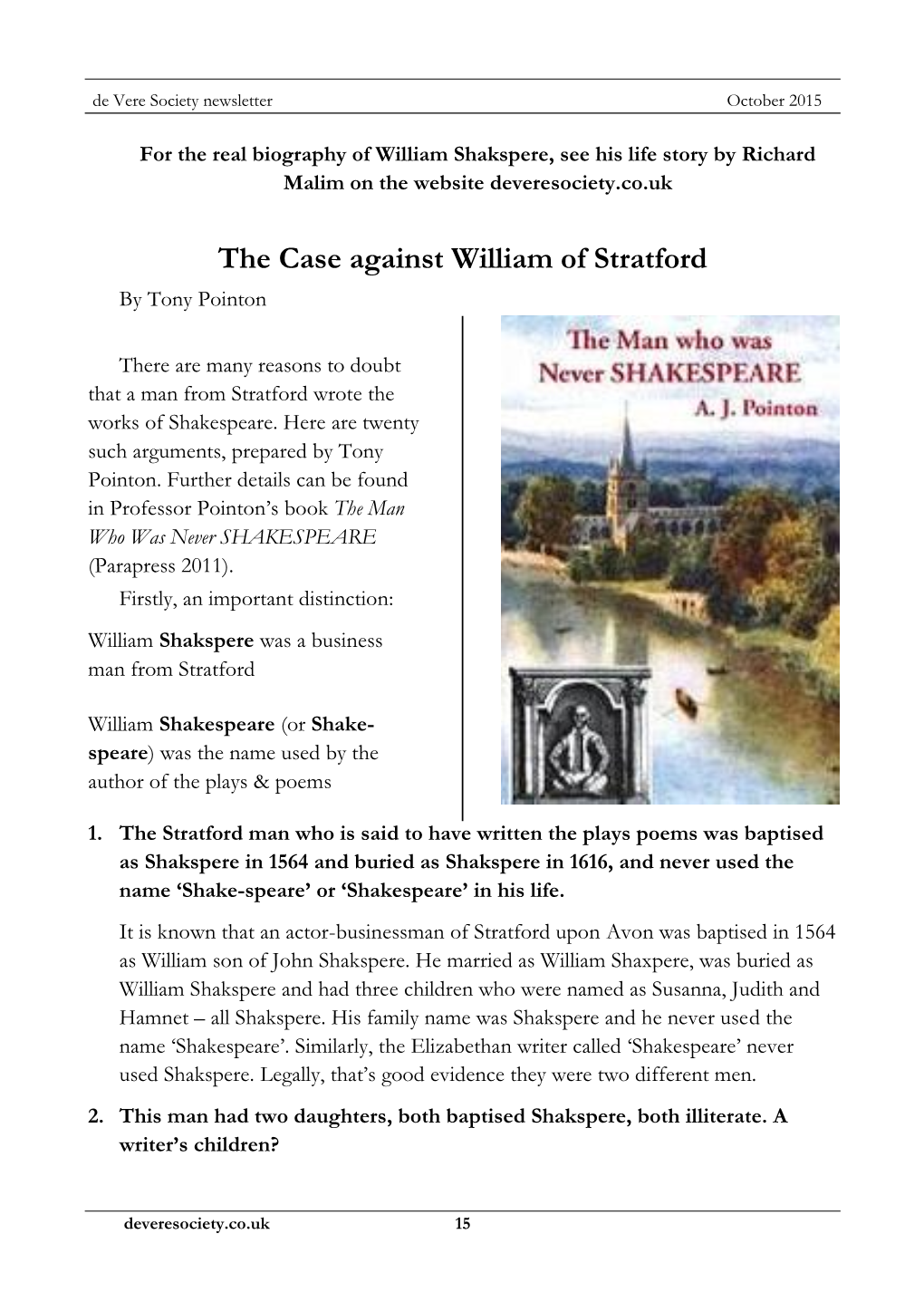 The Case Against William of Stratford by Tony Pointon