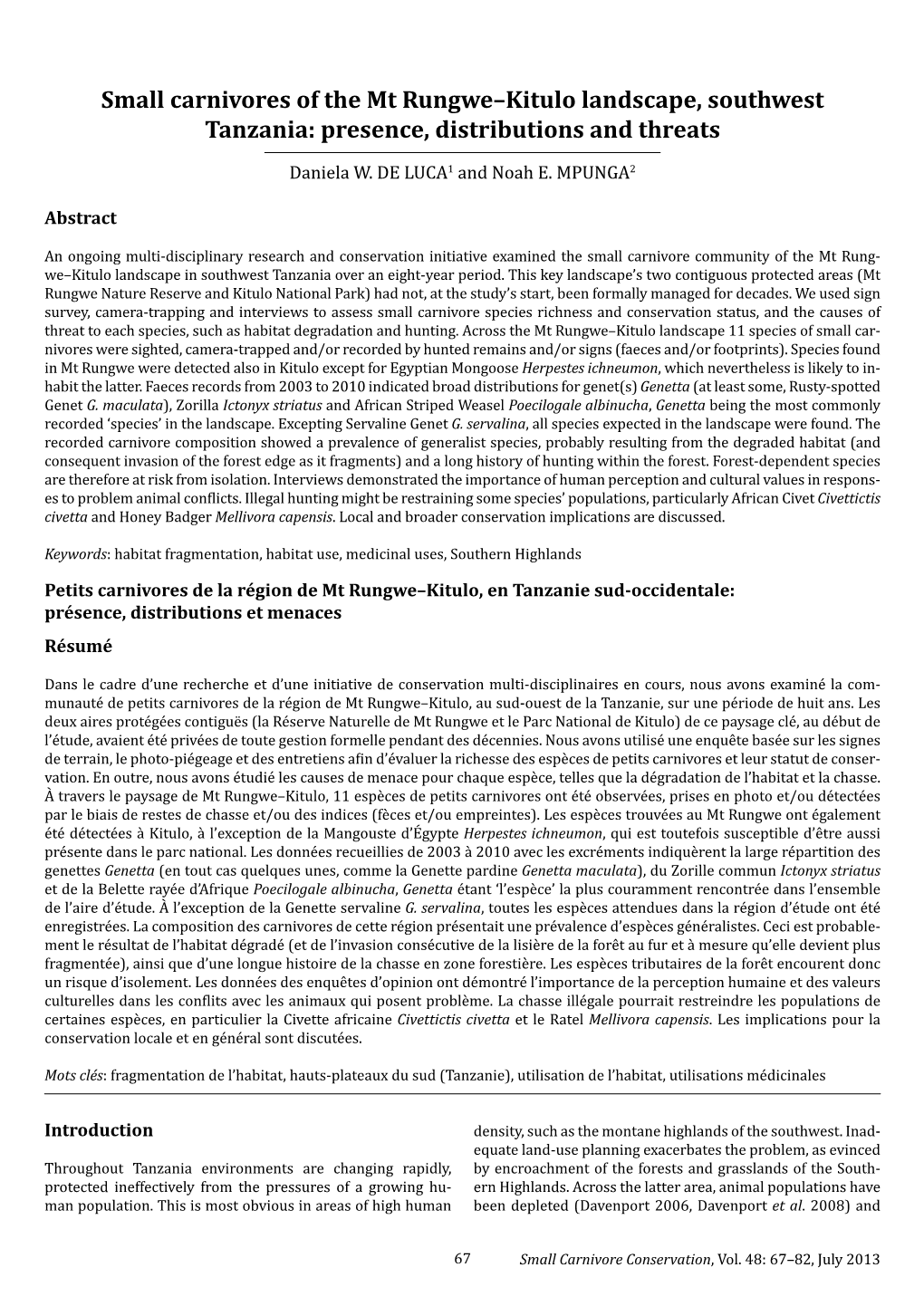 Small Carnivores of the Mt Rungwe–Kitulo Landscape, Southwest Tanzania: Presence, Distributions and Threats