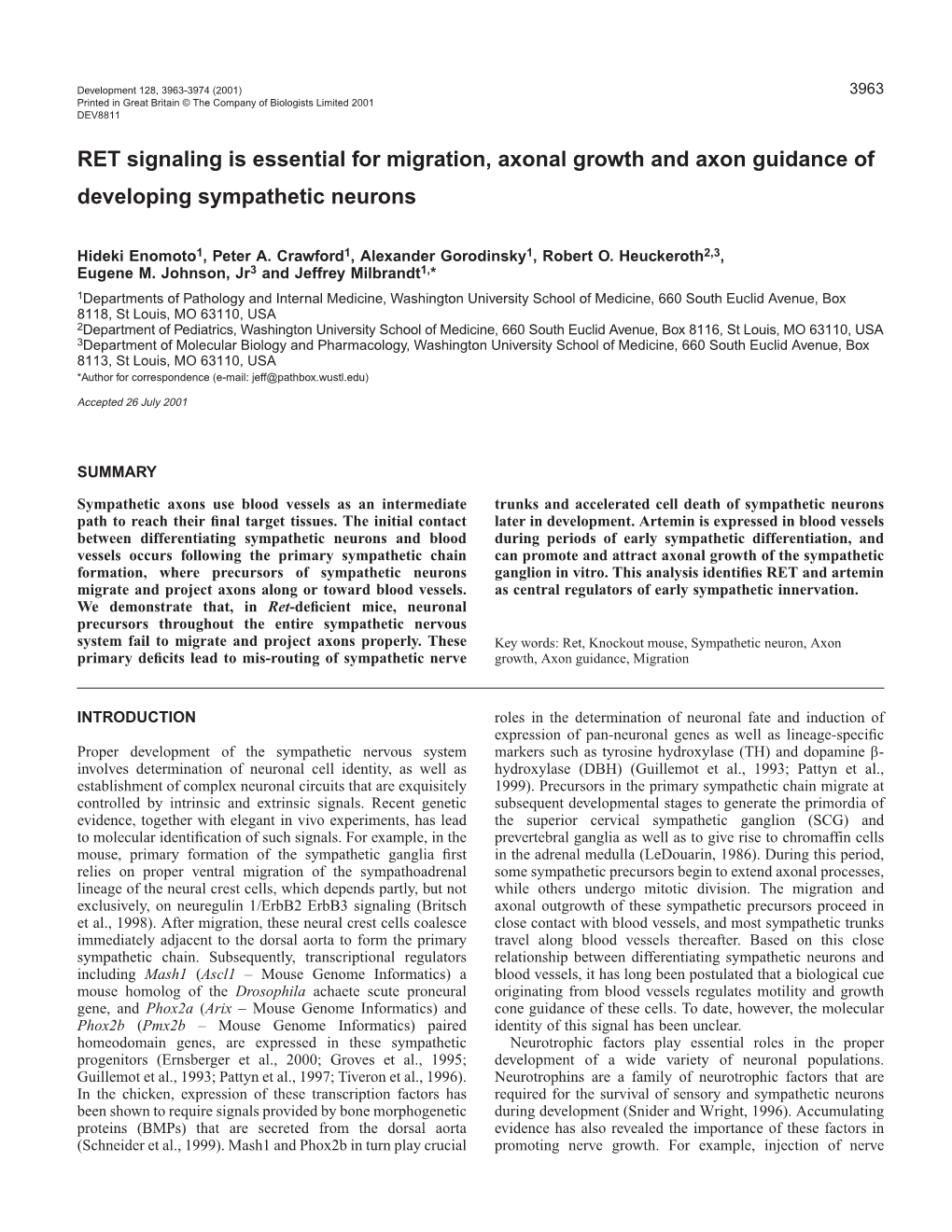 RET Controls Sympathetic Innervation