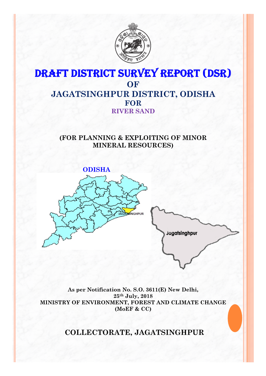 Draft District Survey Report (Dsr) of Jagatsinghpur District, Odisha for River Sand